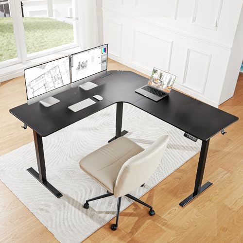 HUANUO 63" x 63" L-Shaped Standing Desk, Built-in Power Outlets, Black