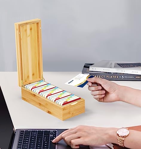 Neando Bamboo Business Card Organizer for 2x3.5 Cards – 600-Card Capacity Wooden Holder with Lid, 4 Compartments, Includes 20 Thick Index Cards – Natural Mini Card Filing Box