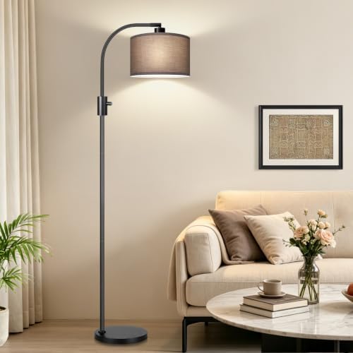 Nintiue Dimmable Black Floor Lamp, 1200 Lumens LED Edison Bulb Included, Arc Gold Floor Lamps for Living Room Modern Standing Lamp with Khaki Shade