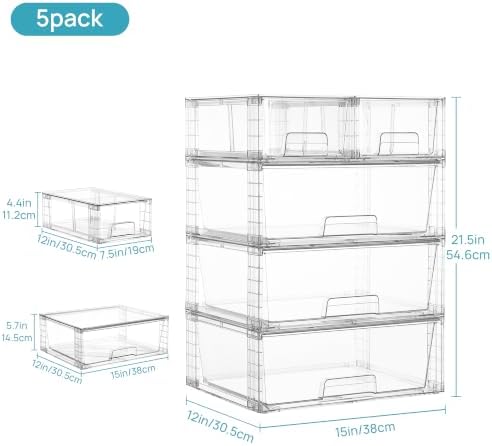 Vtopmart Clear Stackable Storage Drawers, 5 Pack Wide Storage Set