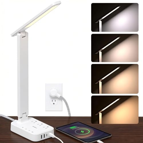 Addtam LED Desk Lamp, Power Strip with 3 Outlets 4 USB Charging Ports(2 USBC), 4 Modes 5 Level Brightness Touch Lamp, Small Desk Lamp for Home Office College Dorm Room Essentials, White