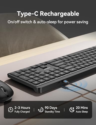 TECKNET Bluetooth Keyboard Rechargeable, 2.4G Wireless Keyboard Full Size