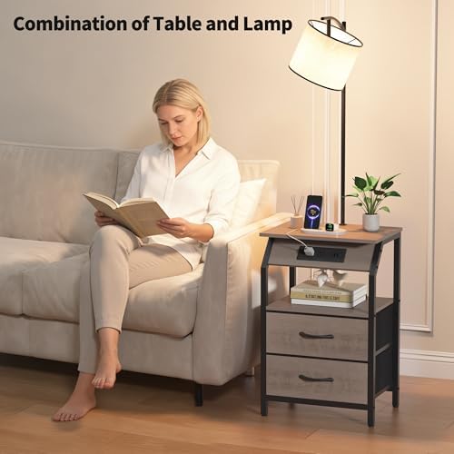 End Table with Floor Lamp, Nightstand with Charging Station, Floor Lamp Table with 3-Color Temperature Bulb, Bedside Table Night Stand with 2 Drawers for Bedroom, Living Room, Greige