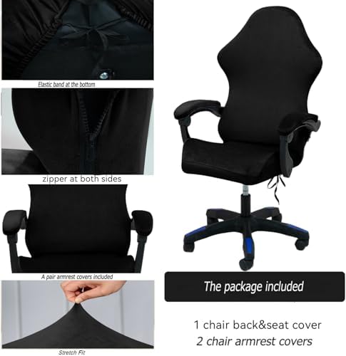 Gaming Chair Cover Set with Armrest Covers, Velvet Stretch Slipcover 1-Piece Form Fit Cover & Chair Armres Covers Included（no Chair） (Black)