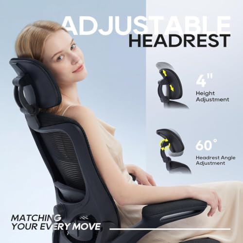 Ergonomic Office Chair for Long Hours, Adjustable Padded Lumbar Support for Lower Back Relief, 330 lb Capacity, Comfortable Computer Desk Chair for Home Office, Work & Study, Black/Black