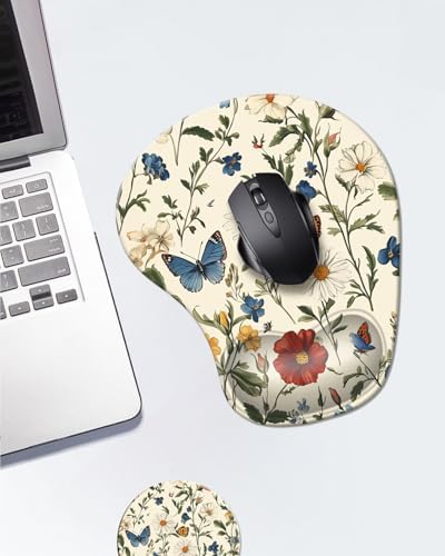Ergonomic Mouse Pad with Wrist Rest,Comfortable Computer Gel Mouse Pad Wrist Support for Laptop,Pain Relief Mousepad with Non-Slip PU Base Floral Butterfly
