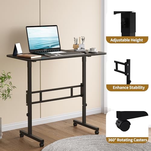 Panana Small Standing Desk Adjustable Height, Mobile Rolling Stand Up Desk with Wheels, 32 Inch Portable Rolling Desks Computer Office Workstations Walking Pad (Black)