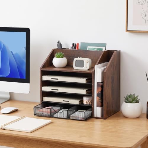 5-Tier Wood Desk Organizer and Pen Holder, File and Mail Sorter with Drawer