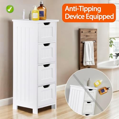 Bathroom Floor Storage Cabinet, Freestanding Wooden Side Organizer w/4 Drawers & Anti-Tip Kit for Bathroom Living Room Hallway Office Study, White