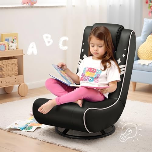 GTPLAYER Floor Gaming Chair Foldable Swivel Floor Chairs for Kids Boys Comfy Video Game Seat with 360° Multipurpose for Gamers, Bedroom or Game Room(Black-Gold)