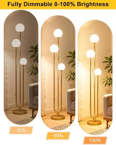 63IN 3-Light Dimmable Floor Lamp, Unique Gold Tall Standing Lamps with 3000K G9 Bulbs for Reading, Mid Century Modern Floor Lamp with 5Lbs Heavy Base for Living Room Bedroom Home Office