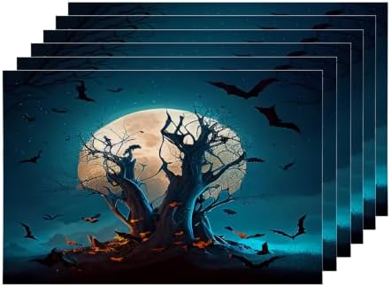 Shrahala Halloween Dark Forest Set of 6 12 X 18 Inch Linen Placemats, Spooky Bats Dark Night Burlap Table Mat Washable Double Layered Heat Insulation for Indoor