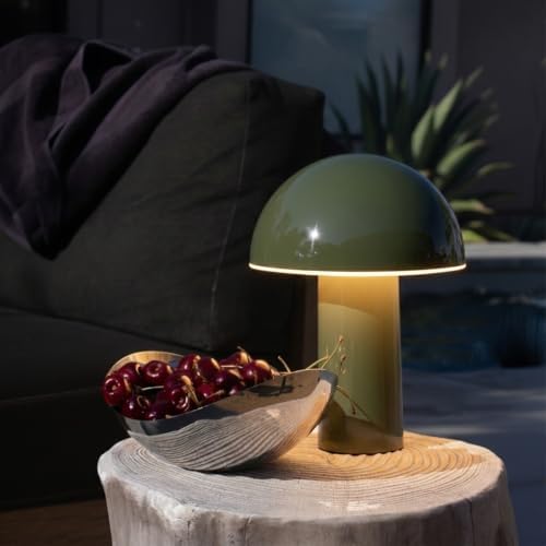 Brightech Celia Table Lamp – 10" Touch-Controlled Mushroom Accent Lamp, Cordless & Dimmable LED, Portable Bedside Accent Light, Recycled Sustainable Modern Lamp for Home Décor – Olive Green