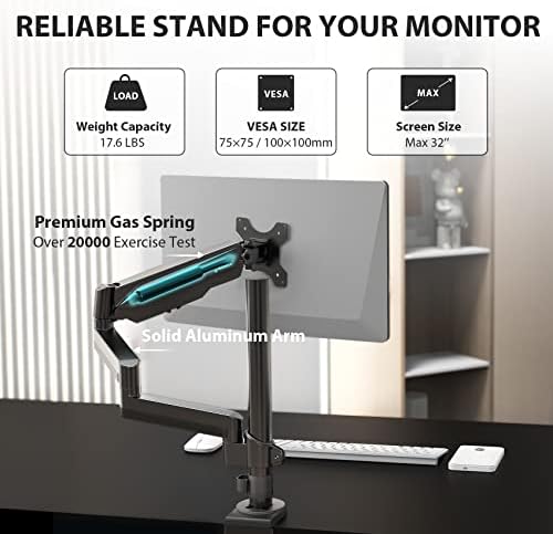 EUREKA ERGONOMIC Single Monitor Desk Mount, Adjustable Gas Spring Monitor Arm for LCD PC Screen 13-32 inch, Max 17.6 LBS, Computer Monitor Stand W C Clamp & Grommet Base, VESA 75x75mm,100x100mm, Black