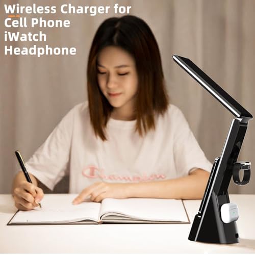 IHAO 6in1 Multifunctional Foldable LED Table Lamp with Wireless Charger Digital Alarm Clock Eye-Care Lighting 3 Color Modes 15W Qi Charger for Phone/Headphones, iWatch Charger Compatible-N61 White