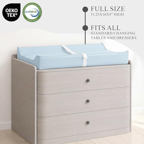 Vegan Leather Contoured Baby Changing Pad | Waterproof & Wipe-Clean PU Leather Diaper Change Mat, Soft, Wipeable Cover, Safety Strap, Non-Slip Bottom, Topper for Standard Infant Diaper Table & Dresser