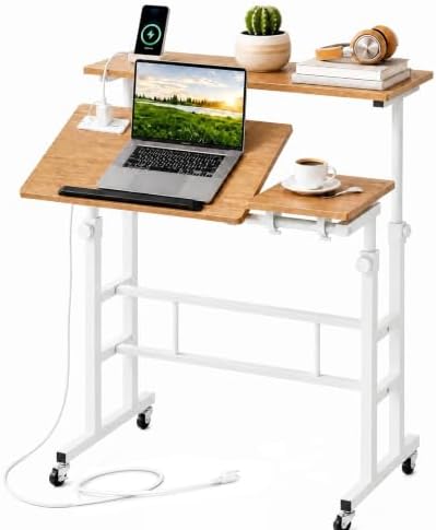 Tangkula Height Adjustable Mobile Standing Desk with Built-in Power Outlets