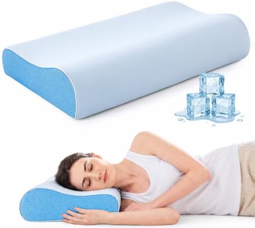 Cervical Neck Pillow for Neck Pain Relief, Odorless Memory Foam Pillow with Adjustable 2 Heights, Cooling Bed Pillow Neck Support Pillow for Side, Back & Stomach Sleepers, Standard Size(Blue)
