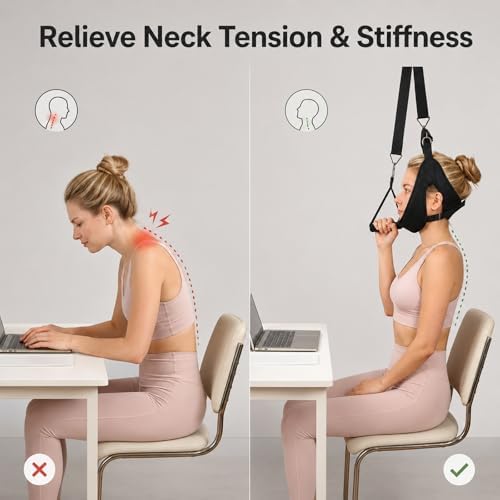 Over Door Cervical Decompression Strap, Adjustable Neck Hammock Traction Gear with Safety Lock & Comfort Grip, Home Neck Sling for Stiffness Pinched Nerve Relief, Fits Standard Door Panels