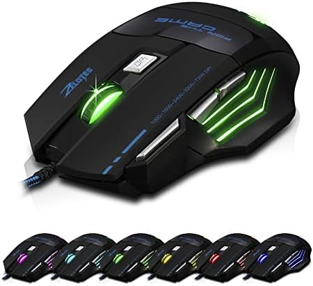 zelotes Ergonomic Gaming Mouse with Rapid Fire Button, 7200 DPI(5-Level Adjustable), 7 Buttons,LED Lighting, USB Wired Optical Mouse for Office/Gaming, Compatible with Laptop/PC (Black)