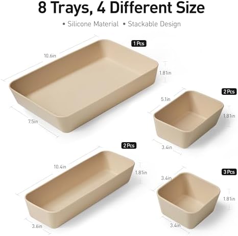 ISSEVE 8Pcs Silicone Bathroom Drawer Organizer Trays Set, 4 Sizes, Beige