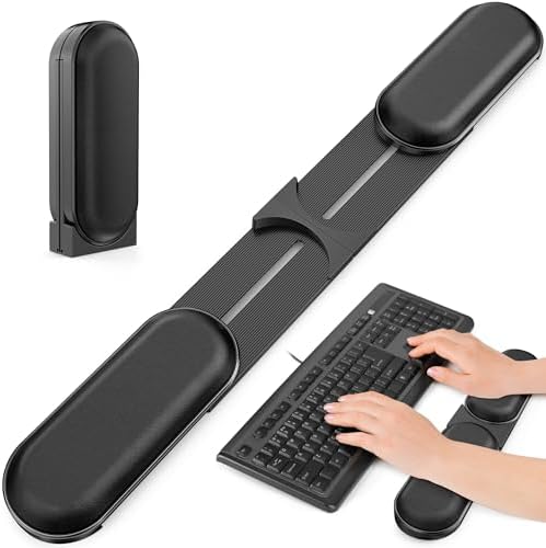 Adjustable Keyboard Wrist Rest, Extendable 16.57" to 25.17" Length & -30° to 30° Angle, Foldable Ergonomic Memory Foam Support for PC, Laptop, Gaming & Office, Waterproof PU Leather, Black