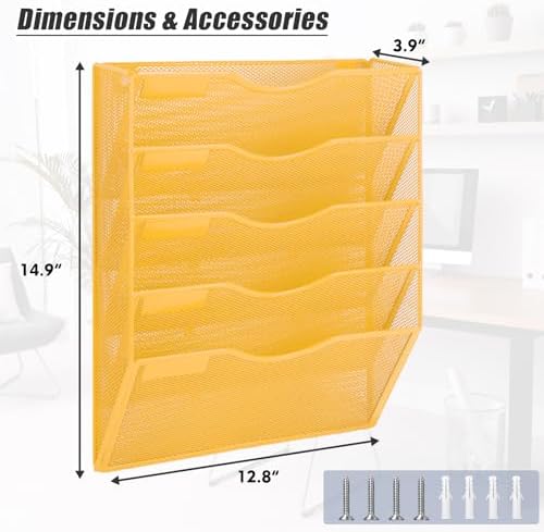 EASEPRES 5 Pocket Mesh Hanging Wall File Organizer, Wall Mounted Mail Paper Document Folder Holder, Clipboard Storage Organization Magazine Rack with Nametag Label for Office Home School, Yellow