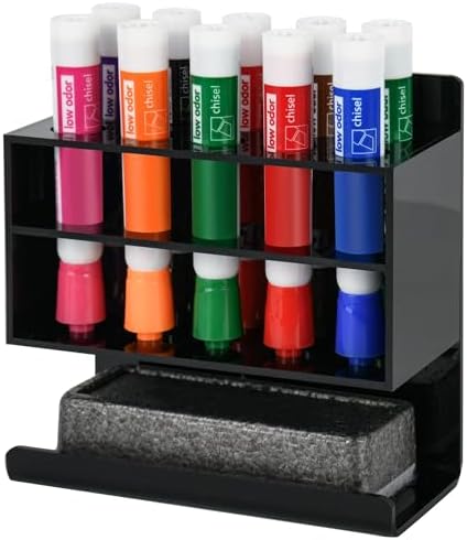 Dry Erase Marker Holder, Wall Mounted Acrylic Marker Holder with 10 Slots, Sticky Pen Storage for Classroom Organization, Office, Whiteboard, Desk Locker Organizer Accessories, Black