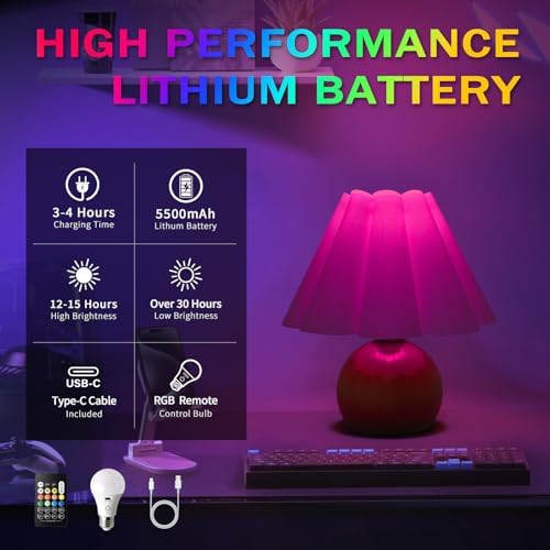 Rechargeable Cordless Green Small Table Lamp, Battery Operated Remote Control LIght Mini Cute Table Lamps for Bedroom Nightstand, Cute Small Table Lamp for Small Spaces for Kitchen Counter, Bookshelf