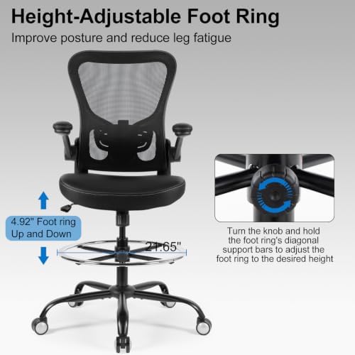 Drafting Chair Tall Office Chair 300lbs Ergonomic Standing Desk Chair with Lumbar Support and Adjustable Footrest Ring, Comfy Mesh Rolling Chair with Flip-up Armrests, Black