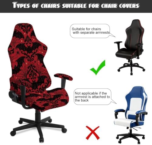 Gaming Chair Cover Stretchable Game Chair Slipcovers with 2 Armrest Covers, Scratch-Proof Gamer Desk Chair Covers for Computer Office Seat Red Bat Gothic