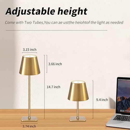Mr. White Outdoor Waterproof Cordless Set of 2 Rechargeable Portable Top Touch Battery Operated Powered LED Table Lamp Desk Lamp Lights for Restaurant Kitchen Patio Dinner Dining (Gold 2 Pack)