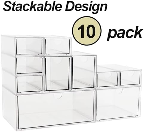 Acrylic Makeup Organizer, 10 Drawers Clear Storage Organizer Desktop Stackable Storage Drawers, Plastic Organizer Bins for Makeup, Stationery, Cosmetics, Vanity, Bathroom,Cabinet,Pantry Office Desk