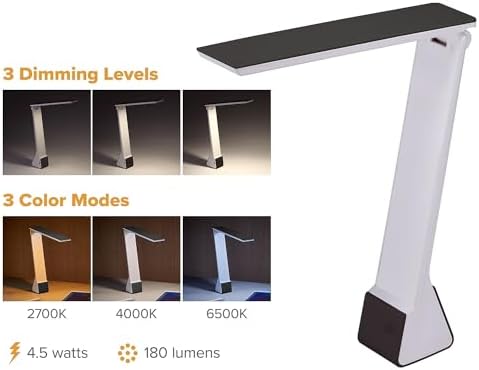 Bostitch Office KT-VLED1810-BLK Powered Rechargeable Battery LED Desk Lamp, 3 Color Temperatures, Flip Open, Black