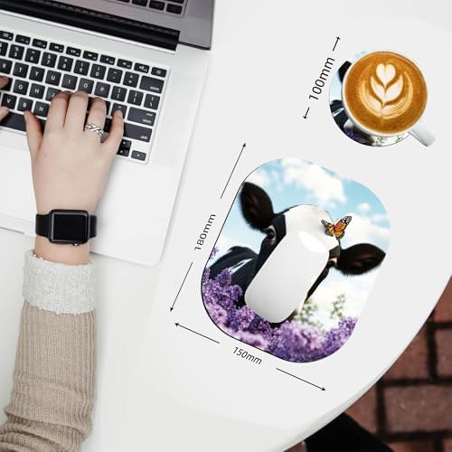 Small Mouse Pad，Mini Mouse Pad 6 x 7 Inch，for Laptop Keyboard Tray Wireless Mouse Home Office Travel，with Non-Slip Rubber Base, Waterproof Mouse Mat，Cow with Butterfly