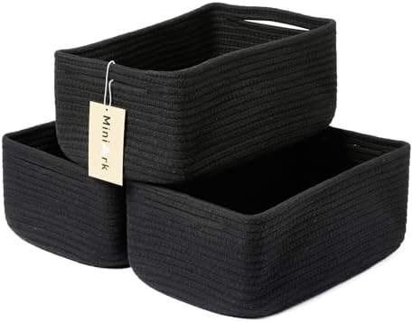 MiniArk Small Storage Baskets for Organizing | Closet Organizer Bins | Shelf Toy Basket | Woven Rope Baskets | Cube Decorative Box | Shallow Basket | 13x8.5x5.1” | 3 Packs Black
