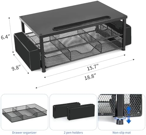 AUPSEN Wood Computer Monitor Stand Riser, 2-Tier Black Desk Organizer with Drawer, Pen Storage & Phone Holder ，Office Desk Accessories Desktop Organizer for Office Supplies (Black)