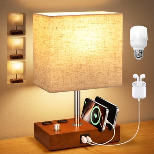 Brown Wood Grain Bedside Lamp - Stepless Dimmable, USB C+A, 2 AC Outlets