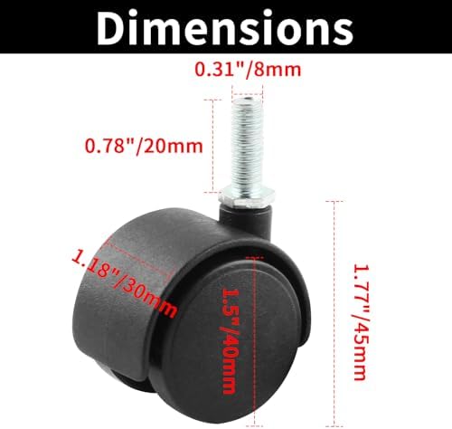 HOWDIA 1.5 Inch Swivel Caster Wheels for Cart, M8-1.25×20mm Threaded Stem Heavy Duty Casters, Nylon Wheels Replacement for Furniture, Table, Cabinet, Shelf（No Brake, 4 Pack）