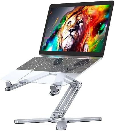 LIENS Adjustable Laptop Stand with 360 Rotating Base, Aluminum Laptop Riser for Desk Foldable, Ergonomic Notebook Stand Holder Compatible with iPad and MacBook/All Laptops up to 16 inches - Silver