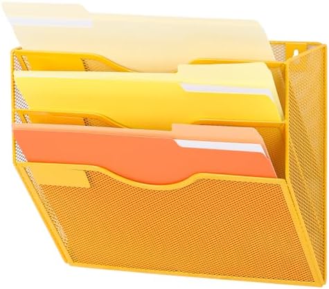 EASEPRES 3 Pocket Mesh Hanging Wall File Organizer, Wall Mounted Mail Paper Document Folder Holder, Clipboard Storage Organization Magazine Rack with Nametag Label for Office Home School, Yellow