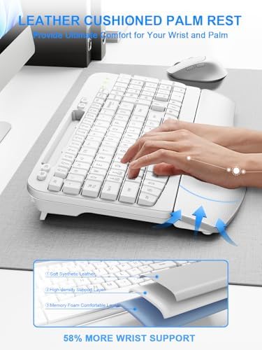 Hayyiesh Ergonomic Wave Keys Wireless Keyboard and Mouse Combo, Full Size with Memory Foam Wrist Rest & Phone Holder, 2.4G Cordless Set with USB-C Adapter for Windows Mac Desktop Laptop (White)