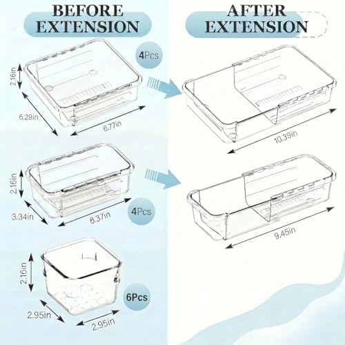 14 Pcs Expandable Clear Drawer Organizers, 3-Size Adjustable Storage Bins