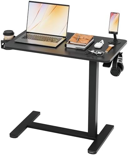 Furmax Mobile Standing Desk with Wheels, Pneumatic Adjustable Rolling Computer Desk Laptop Table for Bed, Couch (Black, Small)