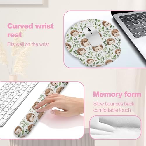 Cute Hedgehog Mouse Pad with Wrist Rest Set, 3-in-1 Wrist Support Mousepad Set, Gaming Mat Pad with Anti-Skid Base,Ergonomic Memory Foam Mouse Pad Set for Women, Office, Typing, Gaming