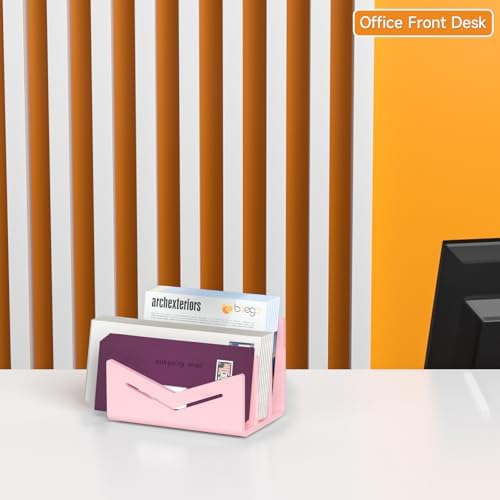 Beego Envelope and Mail Organizer Countertop - 3 Compartments Pink Acrylic Desk Organizer Letter Holder Desktop File Sorter Bill Document Folder Rack for Office, Home, School Desk Organization
