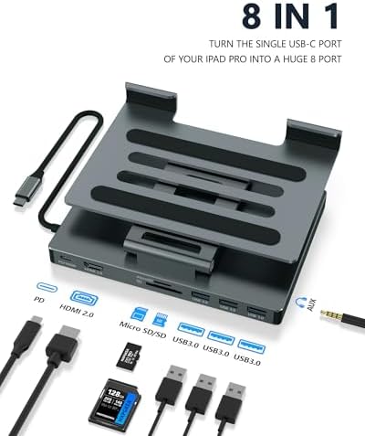 2026 iPad Pro USB C Hub Stand, Adapter for iPad Pro M5 M3 M4 13 12.9 11 Inch iPad Air Docking Station 4K 60Hz HDMI, SD/TF Card Reader, 3 USB 3.0 Port, 3.5mm Audio, iPad mini A16 Galaxy Tablet Dock