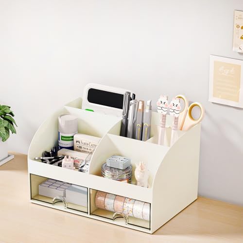 COMFYROOM Desk Organizer with 6 Compartments and 2 Drawers, Plastic Makeup Organizer, Pen Holder for Desktop Storage, Desk Organization for School, Home, Office Supplies (Ivory)