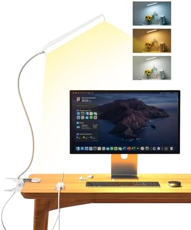 Eye-Caring Adjustable LED Reading Clamp Desk Lamp with 48 LEDs Flexible Neck, 3 Color Modes & 11 Brightness Levels for Office Bedroom Study (White)