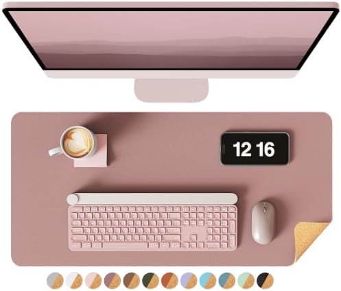 YSAGi Double-Sided Desk Pad, 23.6"x13.7" Leather Desk Mat, Eco Cork Desk Pad Protector, Large Mouse Pad for Desk, Waterproof Desk Blotter Pad, Desk Writing Pad for Office Work/Home(Pale Mauve/Cork)